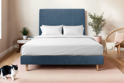 Lit 160x200 cm - Sommier tapissier H29 cm + tête de lit tapissée - Tissu Toile natté Bleu Océan