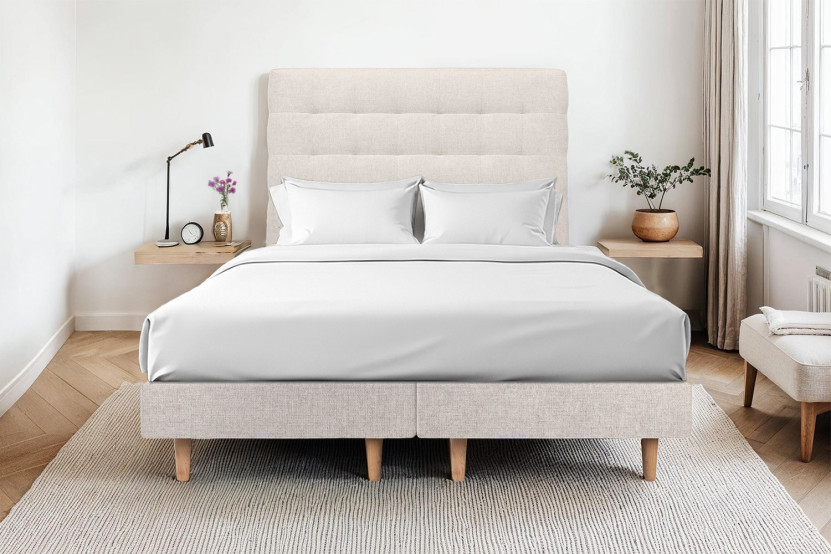 Lit 150x190 cm avec Tête de lit capitonnée - Tissu Toile natté