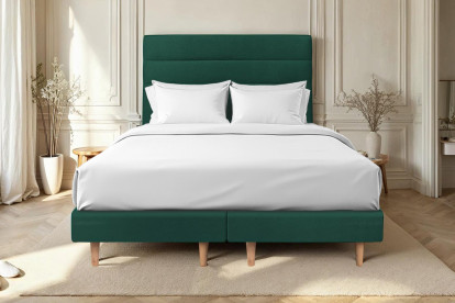 Lit 2x 90x200 cm - Sommier tapissier H29 cm + tête de lit à lignes - Tissu Velours Vert