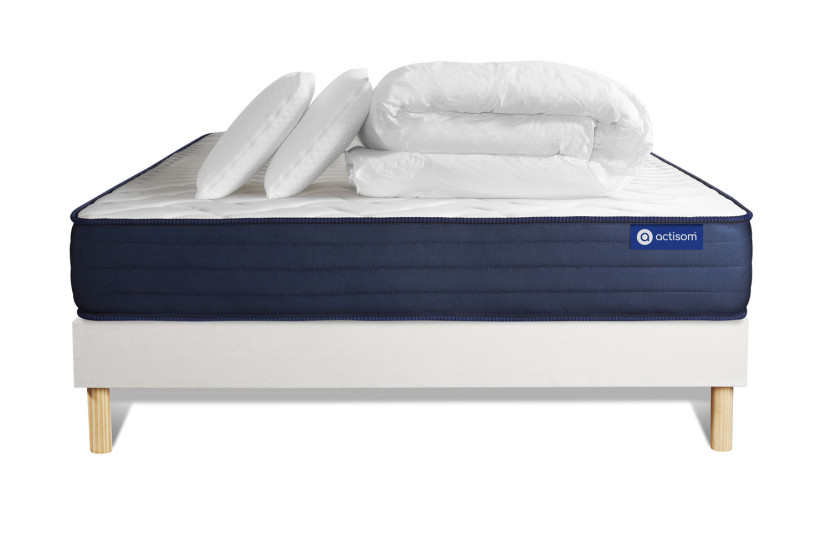 Pack lit complet 140x190 cm - Matelas + Sommier Blanc (en kit) + 2 oreillers + Couette - Actilatex Life