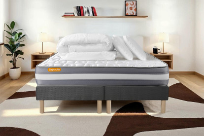 Pack lit complet 160x200 cm - Matelas + 2 Sommiers Gris + 2 oreillers + Couette - Memo Plus