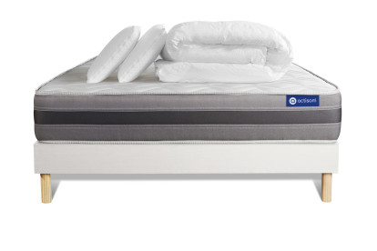 Pack lit complet 140x200 cm - Matelas + Sommier Blanc (en kit) + 2 oreillers + Couette - Actimemo Relax