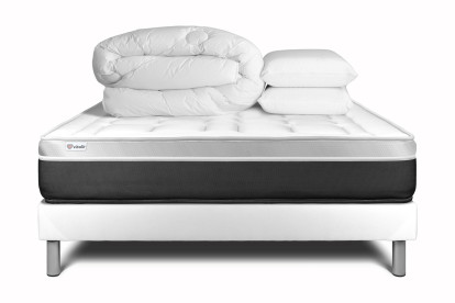 Pack lit complet 140x200 cm - Matelas + Sommier Blanc (en kit) + 2 oreillers + Couette - Vital Soft