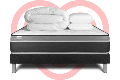 Pack lit complet 180x200 cm - Matelas + Sommier Noir (en kit) + 2 oreillers + Couette - Vital Care