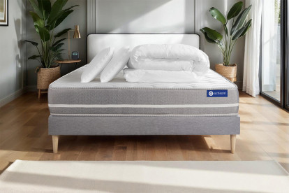 Pack lit complet 200x200 cm - Matelas + Sommier Gris (en kit) + 2 oreillers + Couette - Actiflex Touch