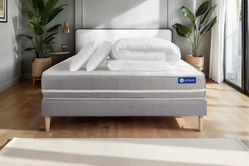 Pack lit complet 200x200 cm - Matelas + Sommier Gris (en kit) + 2 oreillers + Couette - Actiflex Touch