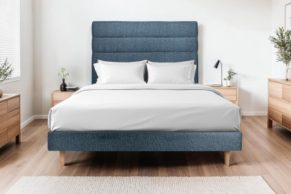 Lit 150x190 cm - Sommier tapissier H29 cm + tête de lit à lignes - Tissu Bouclette Bleu