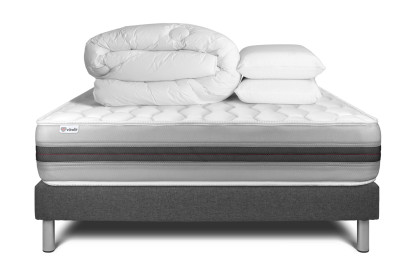 Pack lit complet 200x200 cm - Matelas + Sommier Gris (en kit) + 2 oreillers + Couette - Vitalspring Recover