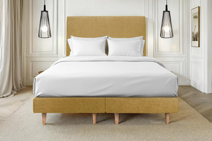 Lit 2x 80x200 cm - Sommier tapissier H29 cm + tête de lit tapissée - Tissu Toile natté Jaune
