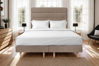 Lit 2x 100x200 cm - Sommier tapissier H29 cm + tête de lit à lignes - Tissu Velours Taupe