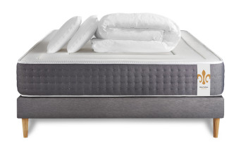 Pack lit complet 200x200 cm - Matelas + Sommier Gris (en kit) + 2 oreillers + Couette - Vingt-Six