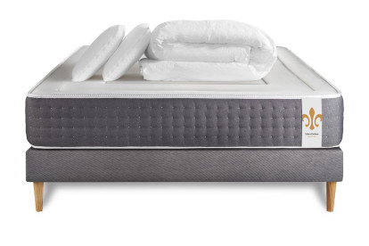 Pack lit complet 200x200 cm - Matelas + Sommier Gris (en kit) + 2 oreillers + Couette - Vingt-Six