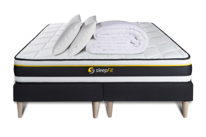 Pack lit complet 160x200 cm - Matelas + 2 Sommiers noirs + 2 oreillers + Couette - Soft