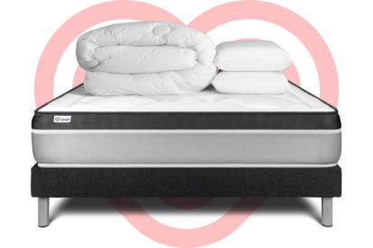 Pack lit complet 140x200 cm - Matelas + Sommier Noir (en kit) + 2 oreillers + Couette - Vital Ergo