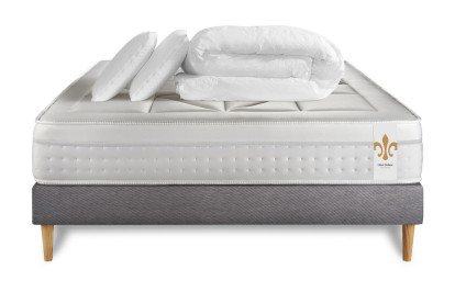 Pack lit complet 140x200 cm - Matelas + Sommier Gris + 2 oreillers + Couette - Vingt-Huit