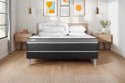 Pack lit complet 140x190 cm - Matelas + Sommier Noir (en kit) + 2 oreillers + Couette - Vital Care
