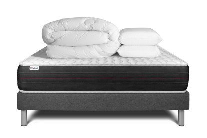 Pack lit complet 140x190 cm - Matelas + Sommier Gris (en kit) + 2 oreillers + Couette - Vitalspring