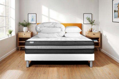 Pack lit complet 200x200 cm - Matelas + Sommier Blanc (en kit) + 2 oreillers + Couette - Vital Power Zen