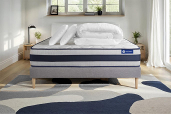 Pack lit complet 200x200 cm - Matelas + Sommier Gris (en kit) + 2 oreillers + Couette - Actimemo Ergo