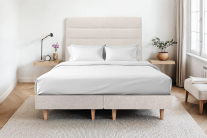 Lit 2x 80x200 cm - Sommier tapissier H29 cm + tête de lit à lignes - Tissu Toile natté Beige Clair