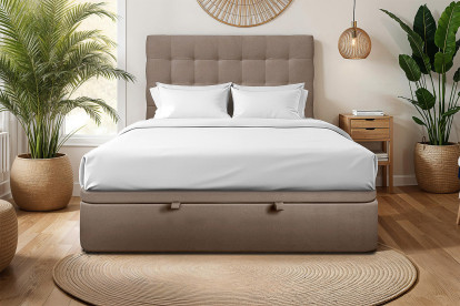 Lit coffre 200x200 cm avec Tête de lit capitonnée - Tissu Velours Taupe