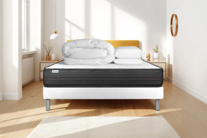 Pack lit complet 140x190 cm - Matelas + Sommier Blanc (en kit) + 2 oreillers + Couette - Vitalpower