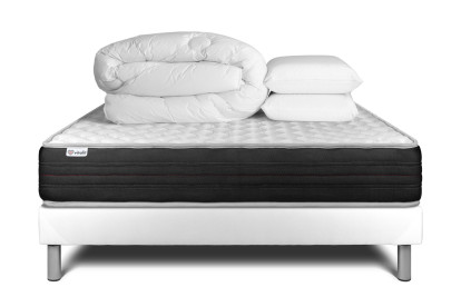 Pack lit complet 140x200 cm - Matelas + Sommier Blanc (en kit) + 2 oreillers + Couette - Vitalmemo One