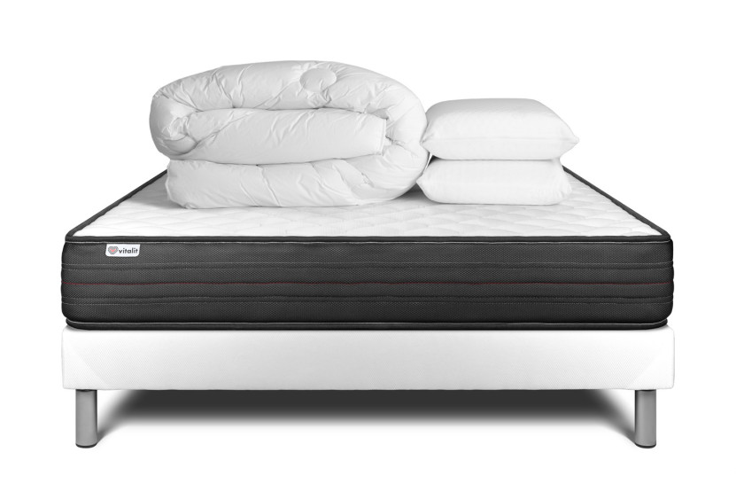 Pack lit complet 160x200 cm - Matelas + Sommier Blanc (en kit) + 2 oreillers + Couette - Vitalpower