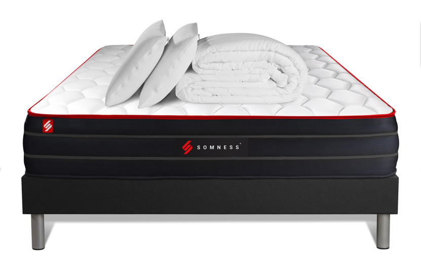 Pack lit complet 160x200 cm - Matelas + Sommier Noir + 2 oreillers + Couette - Boost