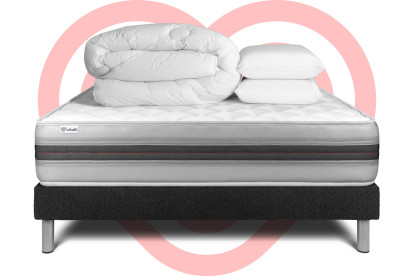 Pack lit complet 140x190 cm - Matelas + Sommier Noir (en kit) + 2 oreillers + Couette - Vitalmemo Back