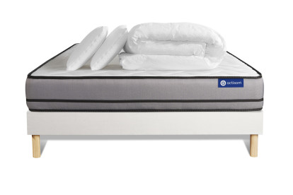 Pack lit complet 140x190 cm - Matelas + Sommier Blanc (en kit) + 2 oreillers + Couette - Actiflex Night