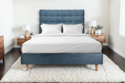 Lit 140x190 cm - Sommier tapissier H35 cm + tête de lit capitonnée - Tissu Bouclette Bleu