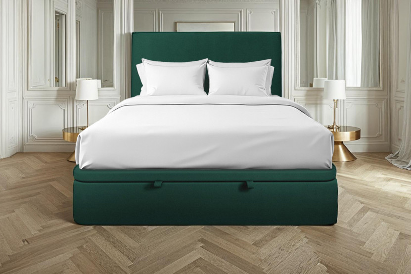 Lit coffre 140x200 cm avec Tête de lit tapissée - Tissu Velours
