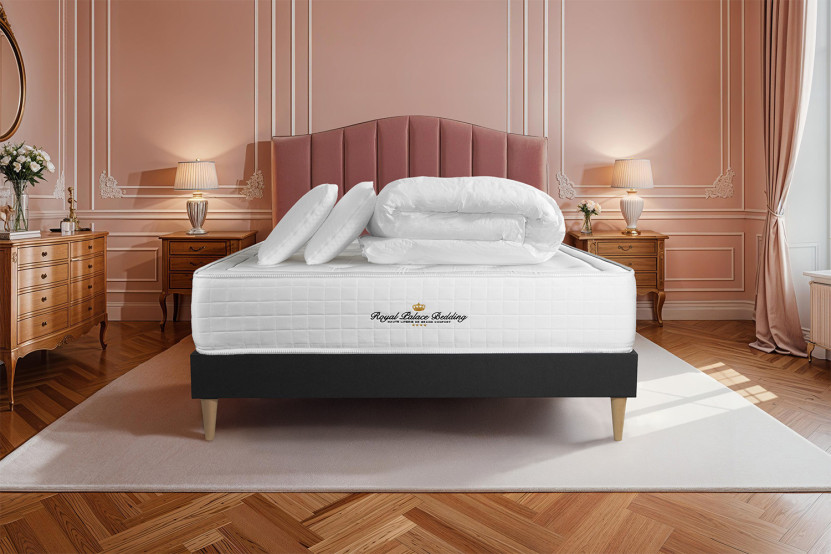 Pack lit complet 160x200 cm - Matelas + Sommier Noir (en kit) + 2 oreillers + Couette - Buckingham