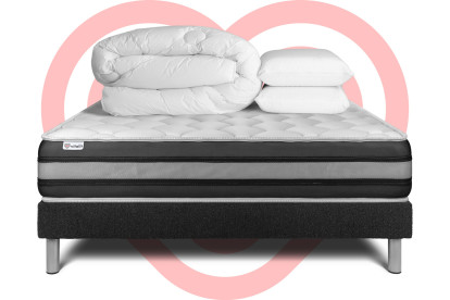 Pack lit complet 140x200 cm - Matelas + Sommier Noir (en kit) + 2 oreillers + Couette - Vitalspring Zen