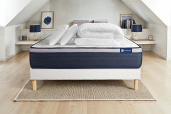 Pack lit complet 160x200 cm - Matelas + Sommier Blanc (en kit) + 2 oreillers + Couette - Actimemo Max