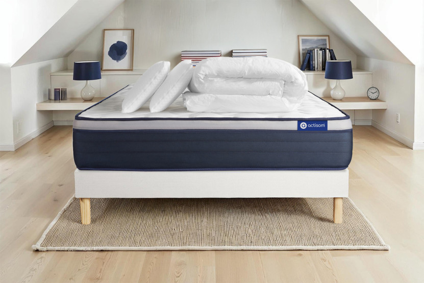 Pack lit complet 160x200 cm - Matelas + Sommier Blanc (en kit) + 2 oreillers + Couette - Actimemo Max