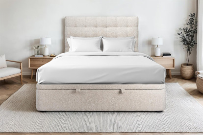 Lit coffre 140x190 cm avec Tête de lit capitonnée - Tissu Bouclette Beige Clair