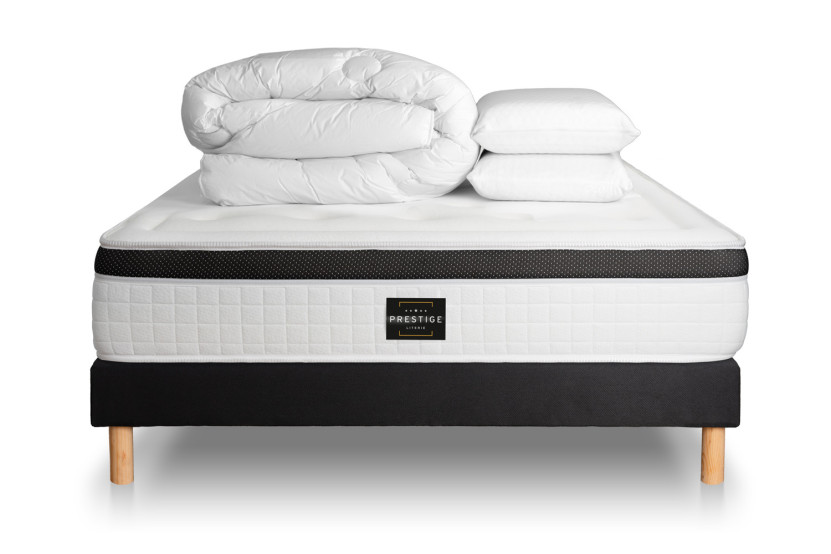 Pack lit complet 140x190 cm - Matelas + Sommier Noir + 2 oreillers + Couette - Privilège