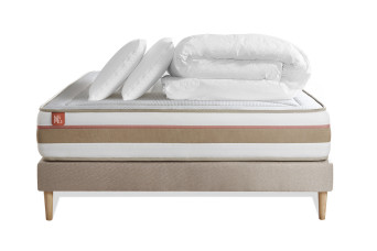 Pack lit complet 140x200 cm - Matelas + Sommier Beige (en kit) + 2 oreillers + Couette - Le Tendre