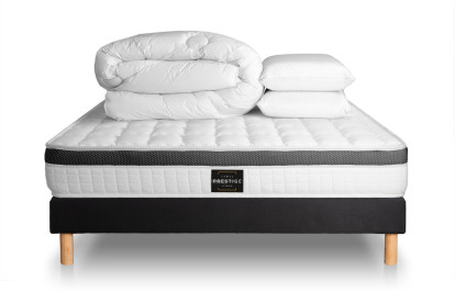 Pack lit complet 180x200 cm - Matelas + Sommier Noir (en kit) + 2 oreillers + Couette - Supérieur