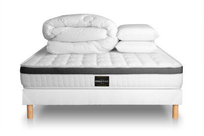 Pack lit complet 140x190 cm - Matelas + Sommier Blanc (en kit) + 2 oreillers + Couette - Supérieur