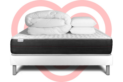 Pack lit complet 200x200 cm - Matelas + Sommier Blanc (en kit) + 2 oreillers + Couette - Vitalspring