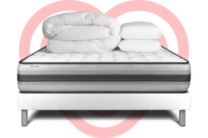 Pack lit complet 160x200 cm - Matelas + Sommier Blanc (en kit) + 2 oreillers + Couette - Vitalpower Recover