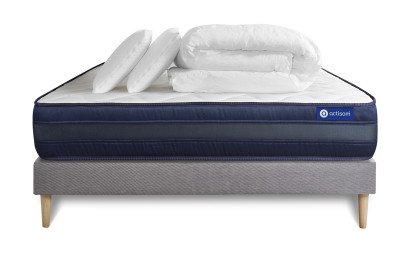 Pack lit complet 140x200 cm - Matelas + Sommier Gris (en kit) + 2 oreillers + Couette - Actilatex Tech