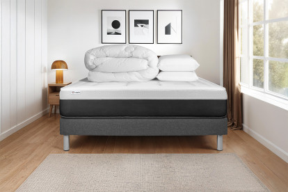 Pack lit complet 140x200 cm - Matelas + Sommier Gris (en kit) + 2 oreillers + Couette - Vital Form