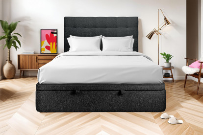 Lit coffre 140x190 cm avec Tête de lit capitonnée - Tissu Bouclette Noir
