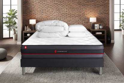 Pack lit complet 140x190 cm - Matelas + Sommier Noir (en kit) + 2 oreillers + Couette - Regen