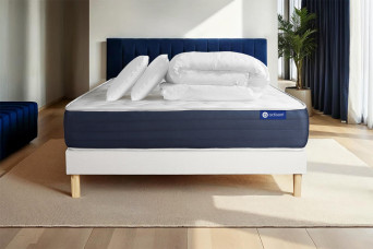 Pack lit complet 140x200 cm - Matelas + Sommier Blanc (en kit) + 2 oreillers + Couette - Actiflex Sleep