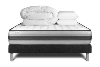 Pack lit complet 140x190 cm - Matelas + Sommier Noir (en kit) + 2 oreillers + Couette - Vitalpower Recover